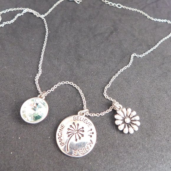 None Jewelry - silver tone green rhinestone 3 charm believe necklace